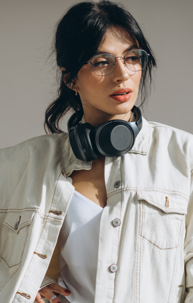 A young woman model photogenic on camera with stylish modern outfit